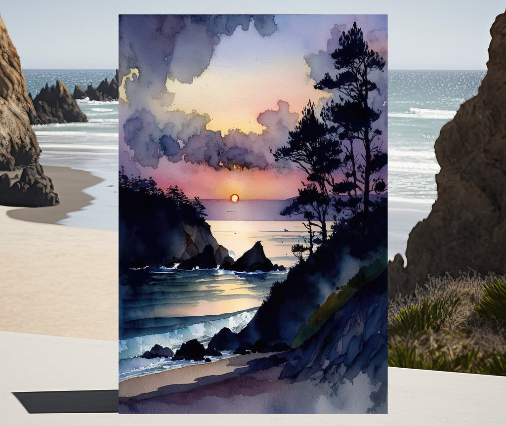 California Big Sur Beach Sunset Art Print Watercolor Ocean Wall Art Coastal Landscape Painting Gift Beach House Decor