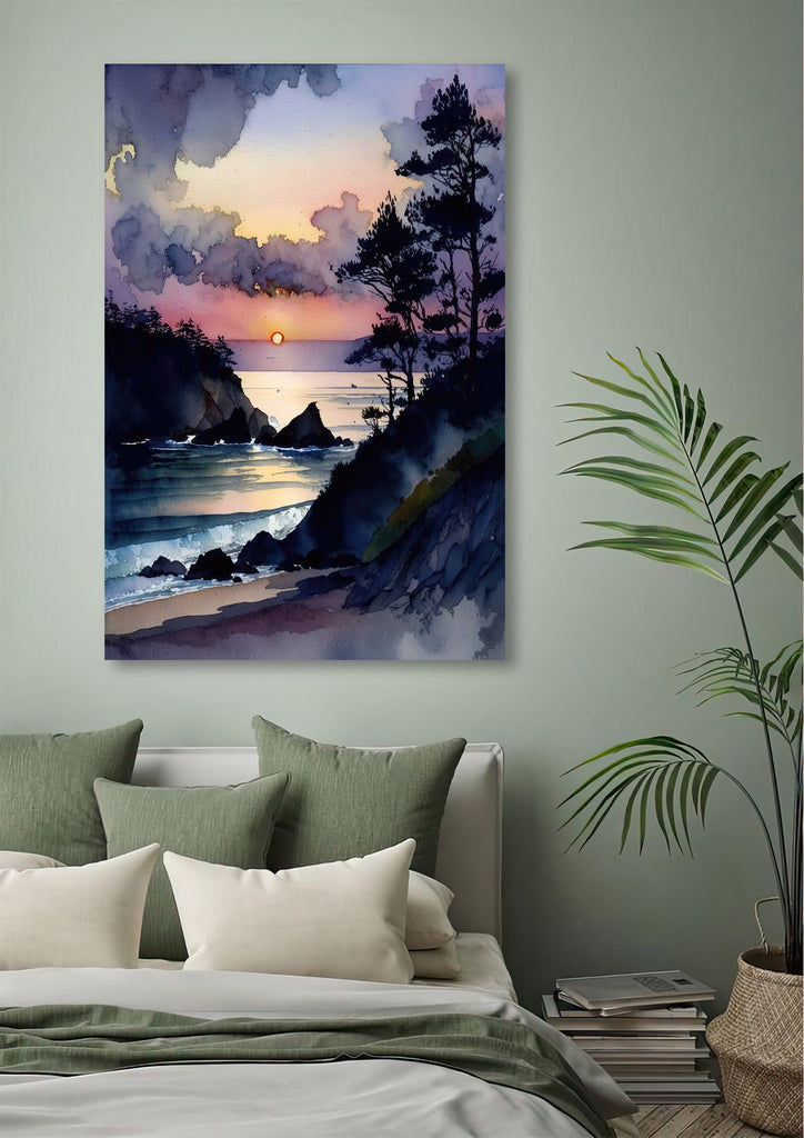 California Big Sur Beach Sunset Art Print Watercolor Ocean Wall Art Coastal Landscape Painting Gift Beach House Decor