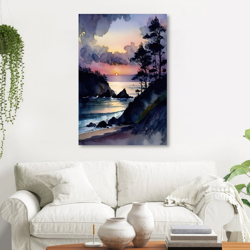 California Big Sur Beach Sunset Art Print Watercolor Ocean Wall Art Coastal Landscape Painting Gift Beach House Decor