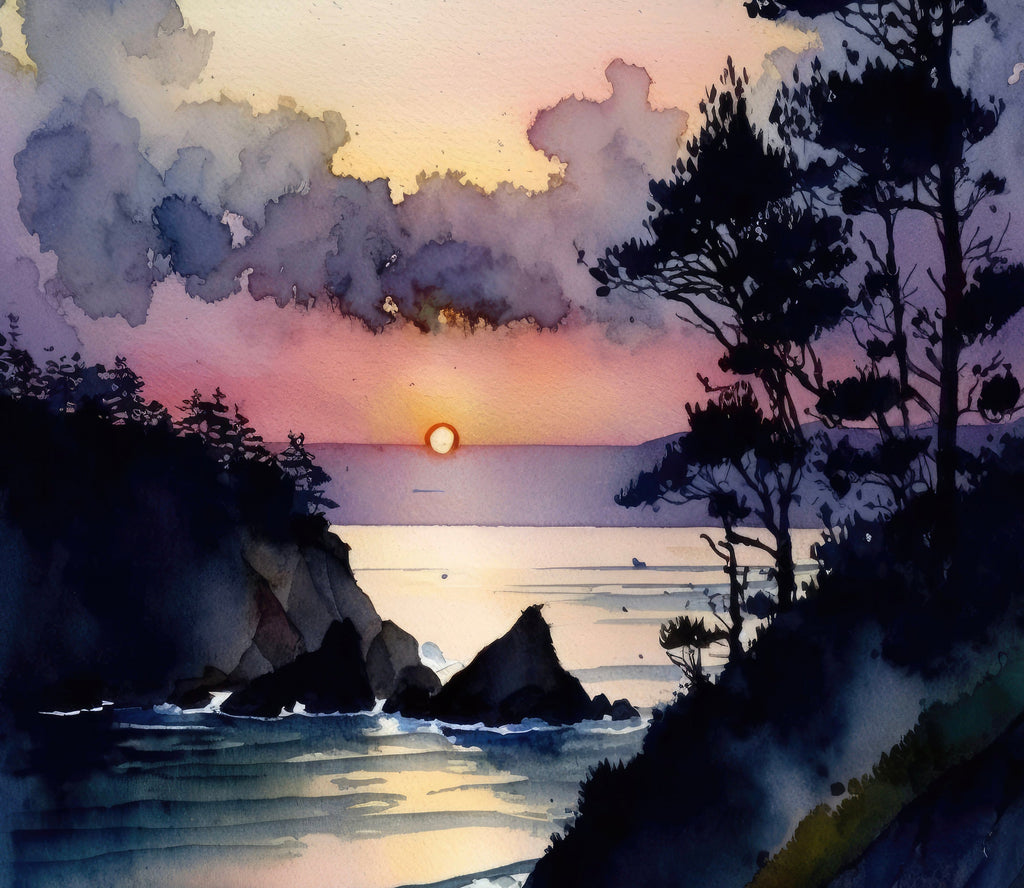 California Big Sur Beach Sunset Art Print Watercolor Ocean Wall Art Coastal Landscape Painting Gift Beach House Decor