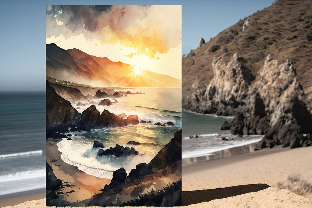 California Big Sur Beach Sunset Art Print Watercolor Ocean Wall Art Coastal Landscape Painting Gift Beach House Decor