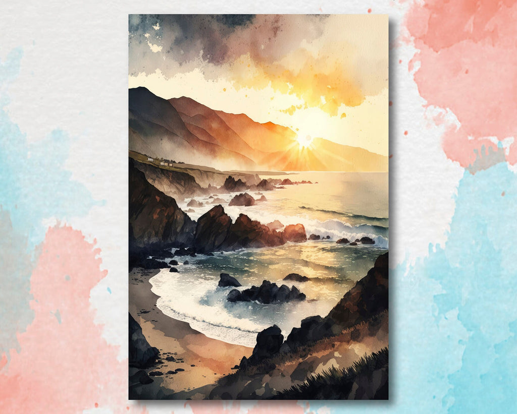 California Big Sur Beach Sunset Art Print Watercolor Ocean Wall Art Coastal Landscape Painting Gift Beach House Decor