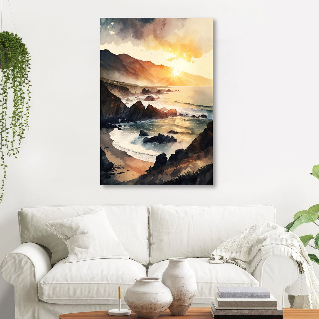 California Big Sur Beach Sunset Art Print Watercolor Ocean Wall Art Coastal Landscape Painting Gift Beach House Decor