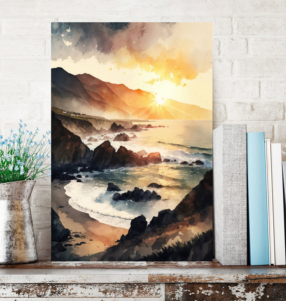 California Big Sur Beach Sunset Art Print Watercolor Ocean Wall Art Coastal Landscape Painting Gift Beach House Decor