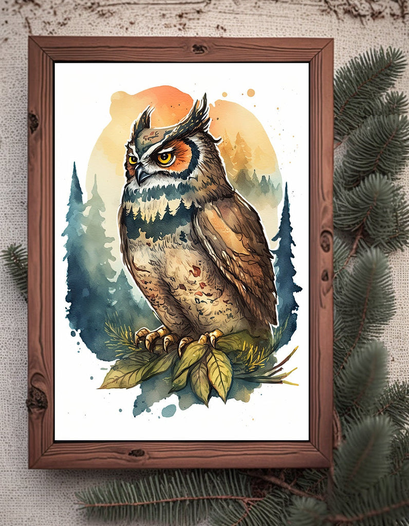 Watercolor Owl Painting Print Forest Wall Art Nature Bird Wildlife Gift Wild Animal Painting Woodland Nursery Home Decor