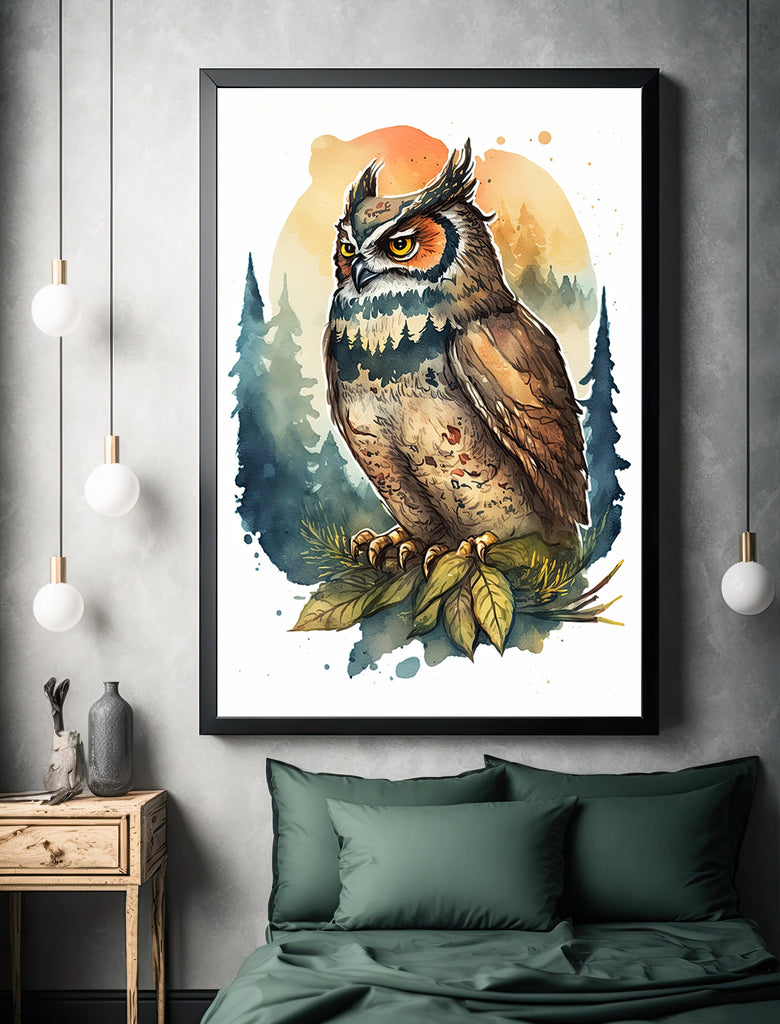 Watercolor Owl Painting Print Forest Wall Art Nature Bird Wildlife Gift Wild Animal Painting Woodland Nursery Home Decor