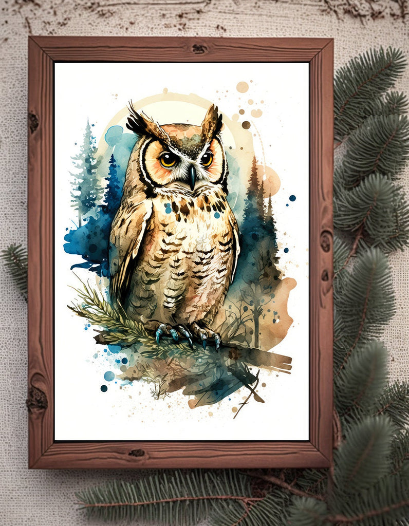 Watercolor Owl Painting Print Forest Wall Art Nature Bird Wildlife Gift Wild Animal Painting Woodland Nursery Home Decor