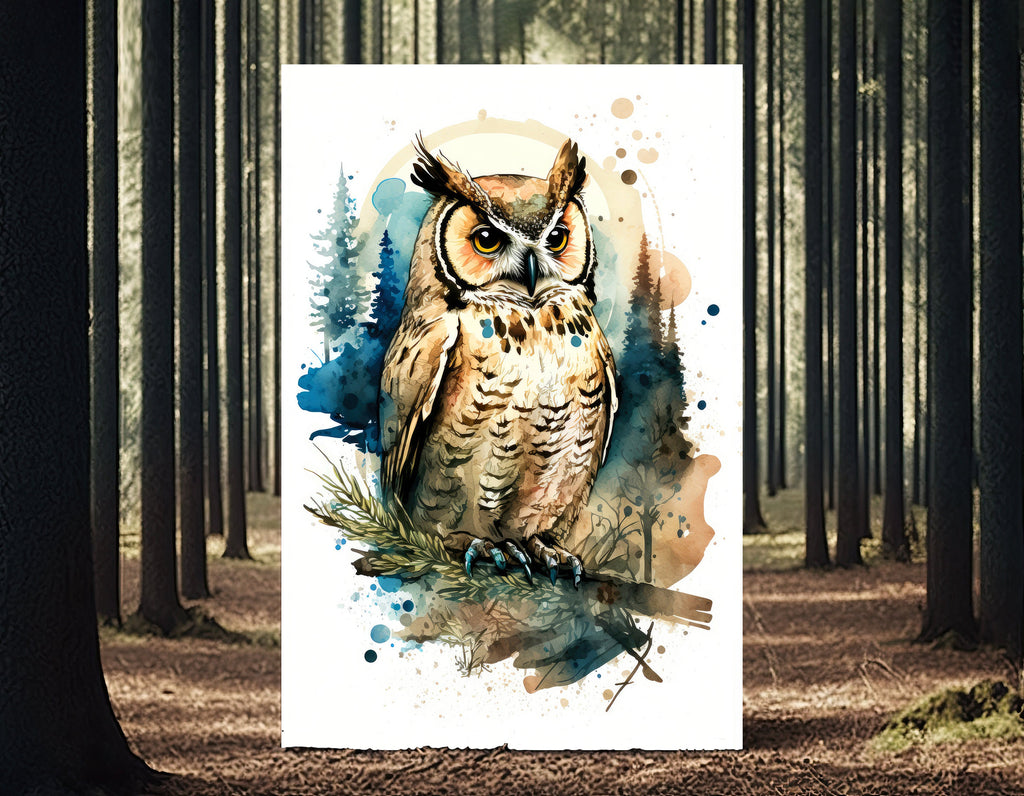 Watercolor Owl Painting Print Forest Wall Art Nature Bird Wildlife Gift Wild Animal Painting Woodland Nursery Home Decor