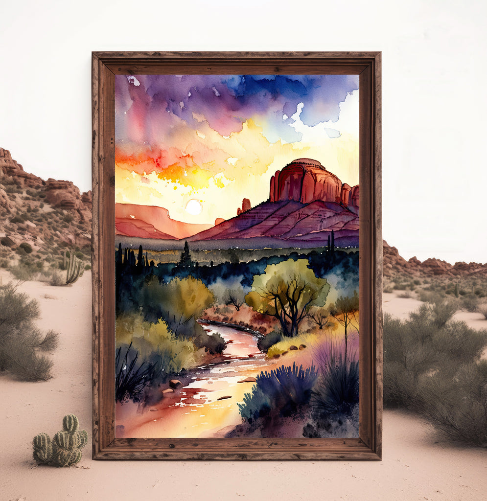 Watercolor Sedona Arizona Sunset Art Print Southwest Wall Art Landscape Gift Desert Home Western Decor