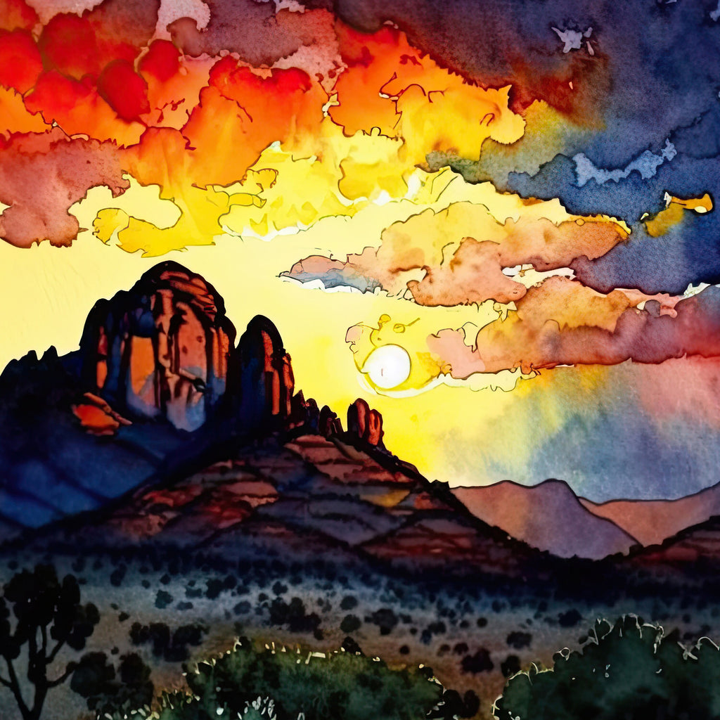 Watercolor Sedona Arizona Sunset Art Print Southwest Wall Art Landscape Gift Desert Home Western Decor