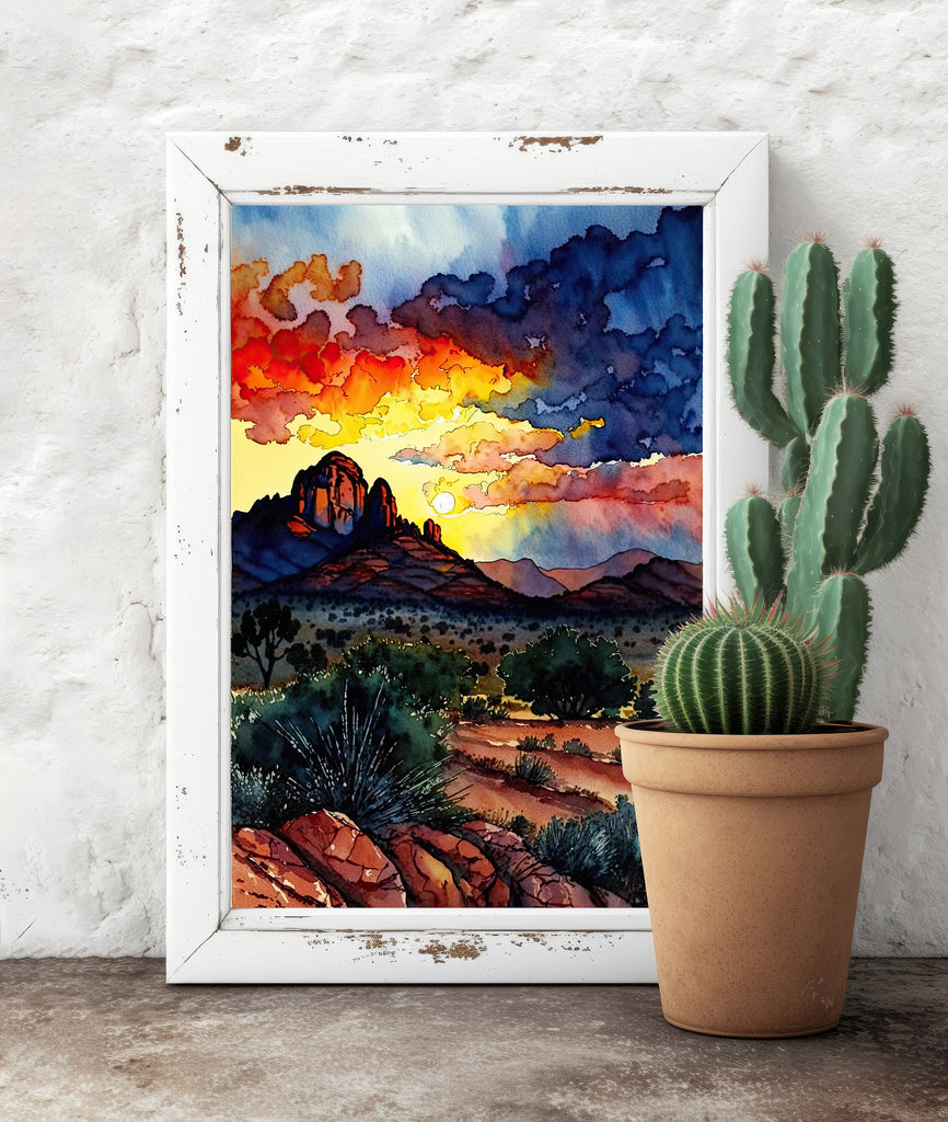 Watercolor Sedona Arizona Sunset Art Print Southwest Wall Art Landscape Gift Desert Home Western Decor