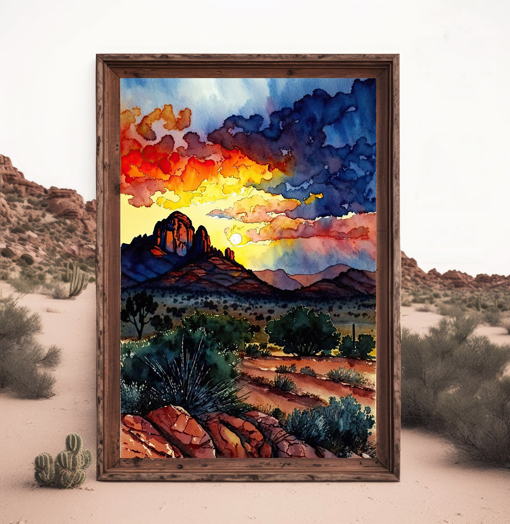 Watercolor Sedona Arizona Sunset Art Print Southwest Wall Art Landscape Gift Desert Home Western Decor