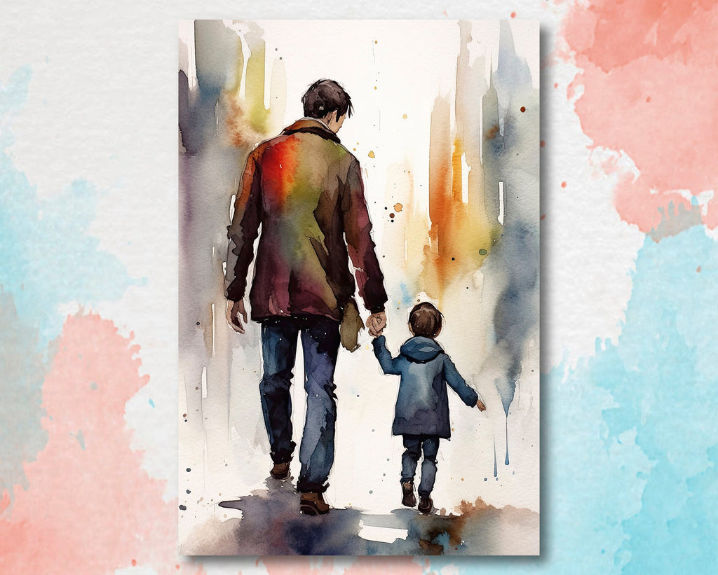 Father Son Watercolor Painting Fathers Day Gift For Him Print Cute Dad Wall Art Daddy Home Decor