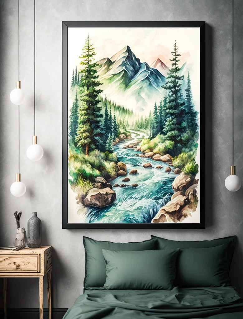 Forest Mountain Stream Sage Green Wall Art Watercolor Print Landscape Painting Nature Inspired Gift Woodland Cottagecore Decor