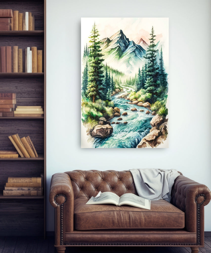 Forest Mountain Stream Sage Green Wall Art Watercolor Print Landscape Painting Nature Inspired Gift Woodland Cottagecore Decor