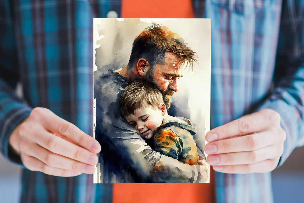 Father Son Fathers Day Card Watercolor Dad Gift For Him Daddy Father's Day Gift Greeting Card (5x7 inches in Packs of 1, 10, 30, and 50pcs)