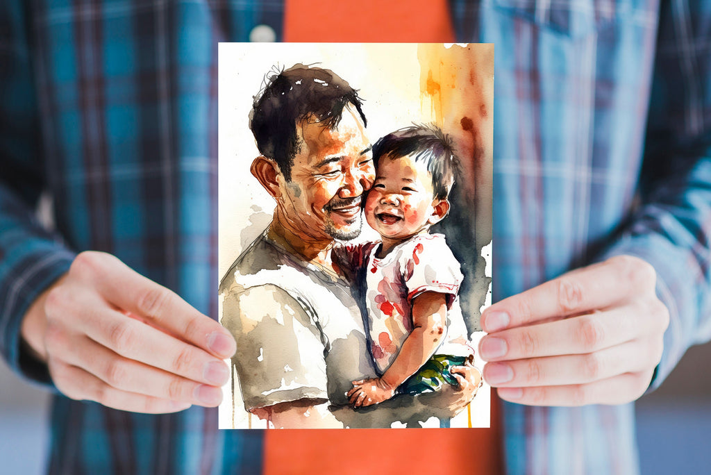 Asian American Fathers Day Card Watercolor Dad Gift For Him Daddy Father's Day Gift Greeting Card - 5x7 inches in Packs of 1, 10, 30, & 50