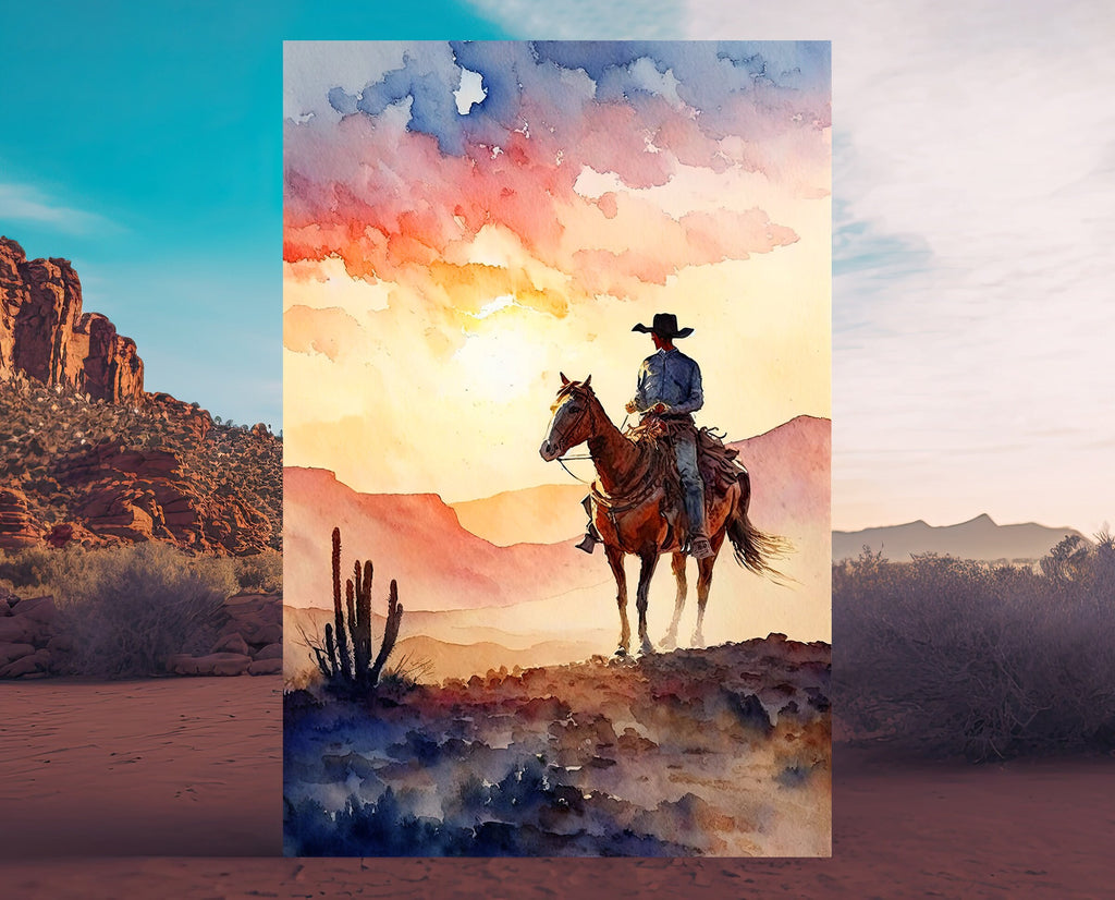 Cowboy Sunset Art Print Americana Watercolor Painting Rodeo Poster or Canvas Wall Art Southwestern Gift Western Decor