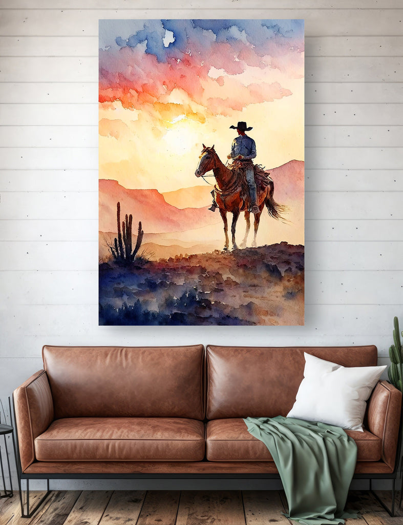 Cowboy Sunset Art Print Americana Watercolor Painting Rodeo Poster or Canvas Wall Art Southwestern Gift Western Decor