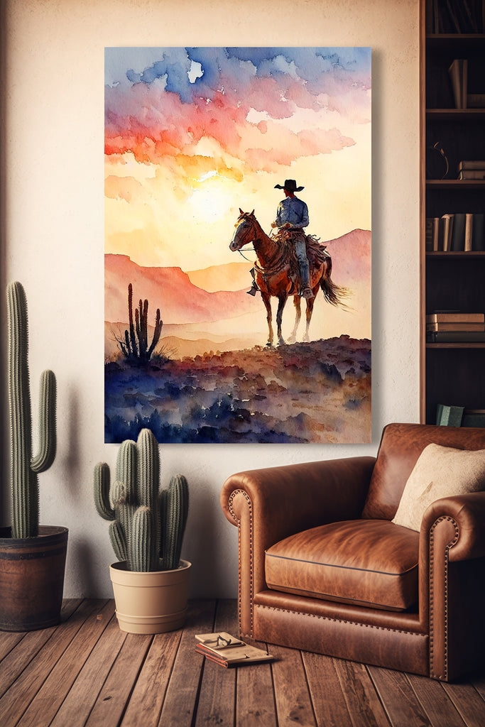 Cowboy Sunset Art Print Americana Watercolor Painting Rodeo Poster or Canvas Wall Art Southwestern Gift Western Decor