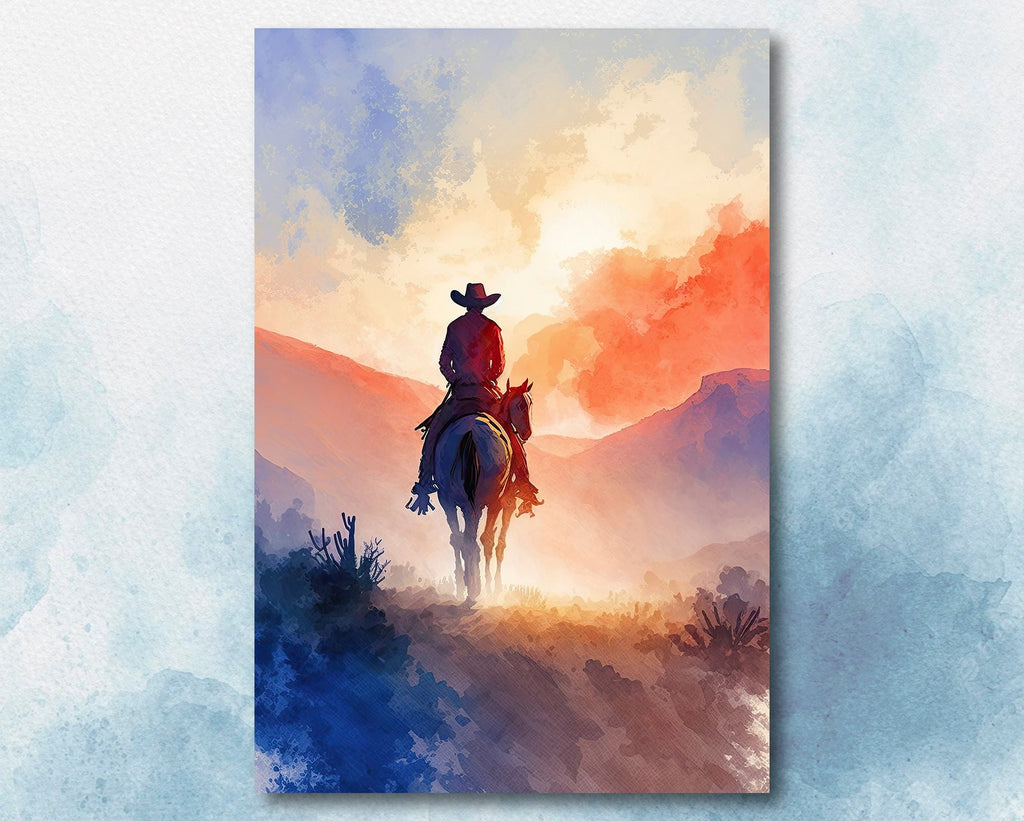 Cowboy Sunset Art Print Americana Watercolor Painting Rodeo Poster or Canvas Wall Art Southwestern Gift Western Decor