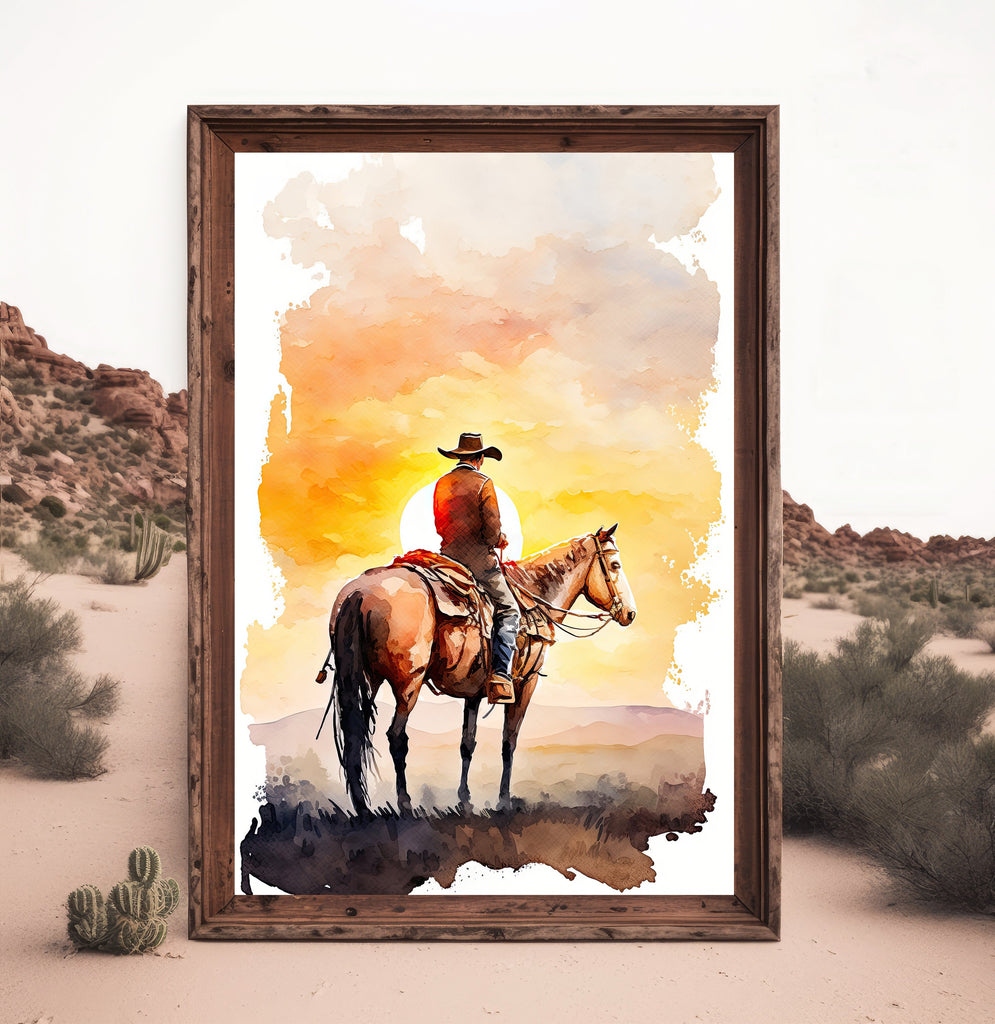 Cowboy Sunset Art Print Americana Watercolor Painting Rodeo Poster or Canvas Wall Art Southwestern Gift Western Decor