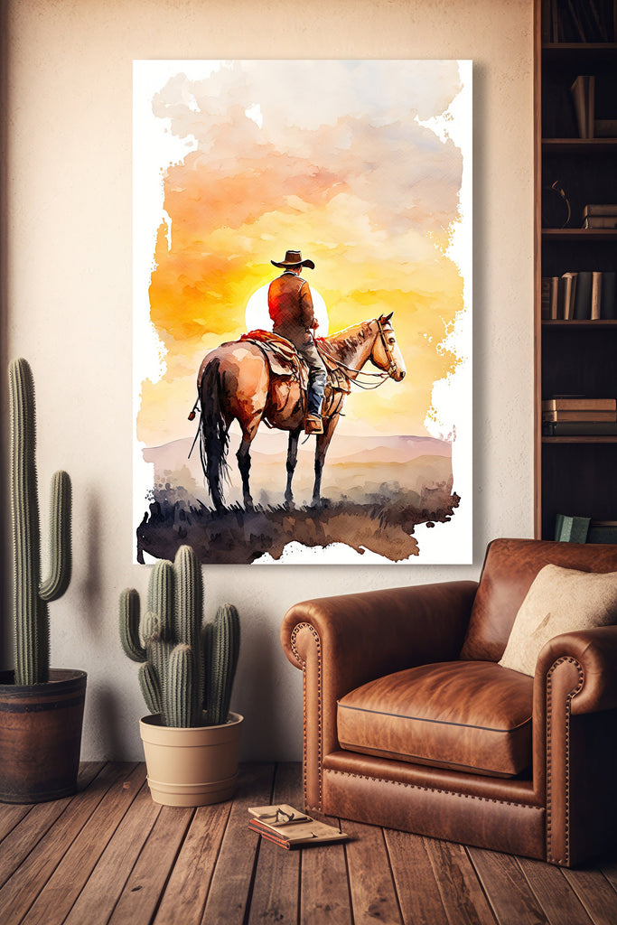 Cowboy Sunset Art Print Americana Watercolor Painting Rodeo Poster or Canvas Wall Art Southwestern Gift Western Decor