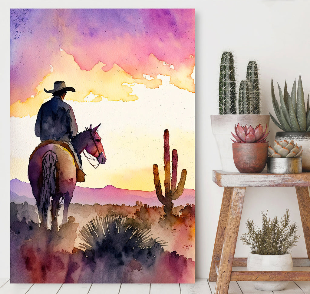 Cowboy Sunset Art Print Americana Watercolor Painting Rodeo Poster or Canvas Wall Art Southwestern Gift Western Decor