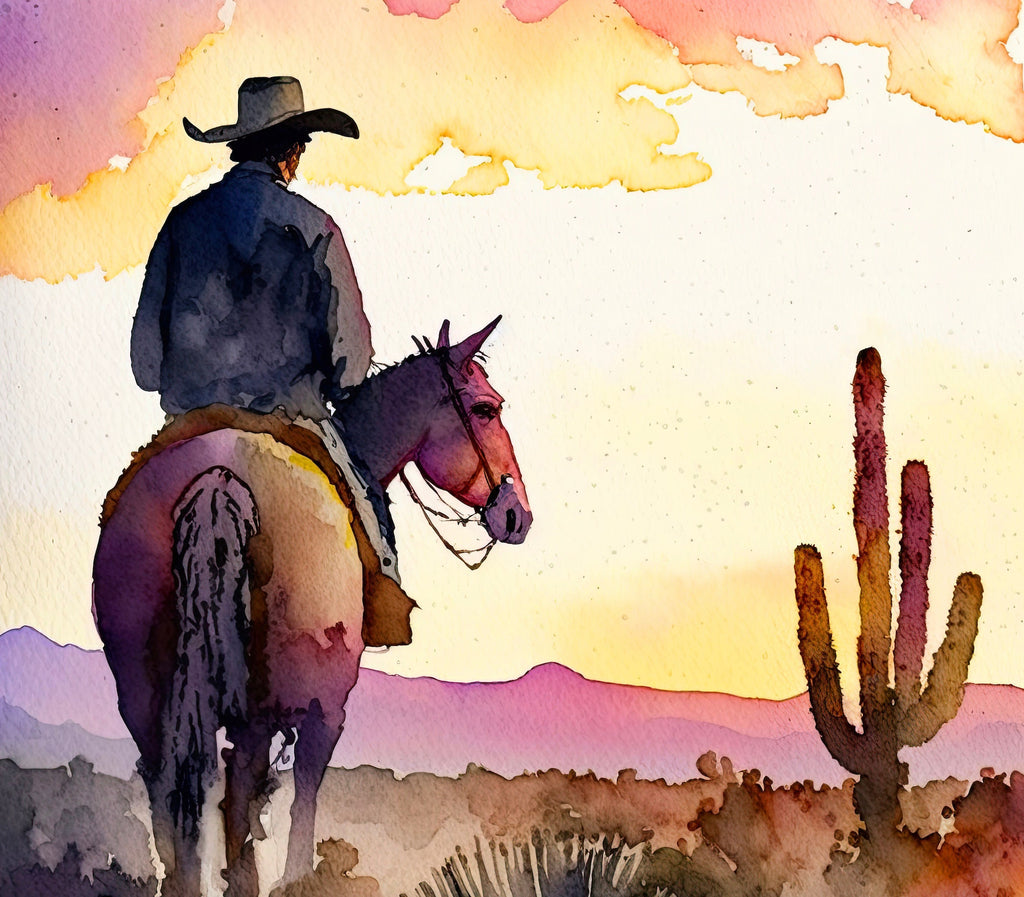 Cowboy Sunset Art Print Americana Watercolor Painting Rodeo Poster or Canvas Wall Art Southwestern Gift Western Decor