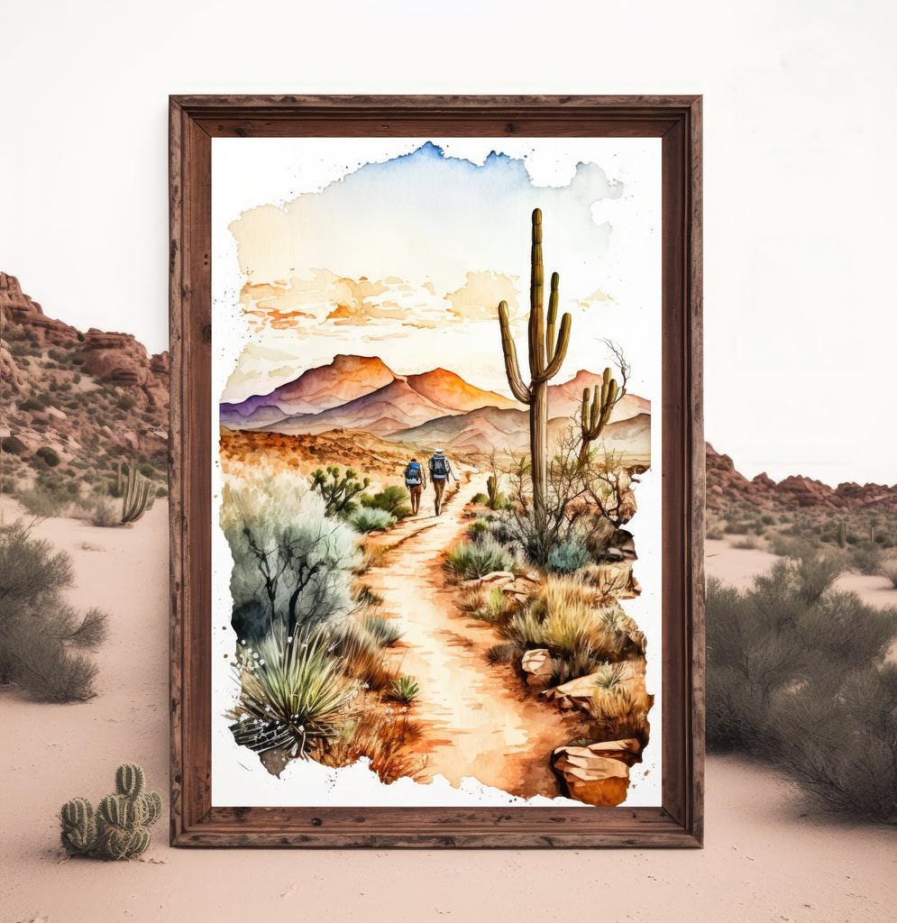 Hiking Desert Trail Sunset Wall Art Backpacking Camping Nature Adventure Unique Outdoorsy Gifts Wanderlust Southwestern Decor