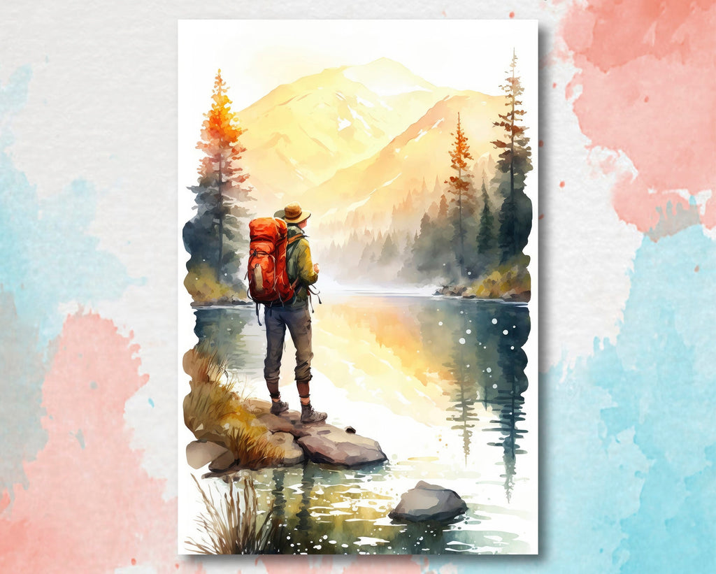 Hiking Forest Mountain Sunset Wall Art Watercolor Nature Inspired Backpacking Adventure Print Outdoorsy Gifts Wanderlust Decor