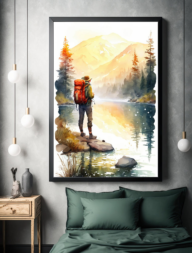 Hiking Forest Mountain Sunset Wall Art Watercolor Nature Inspired Backpacking Adventure Print Outdoorsy Gifts Wanderlust Decor