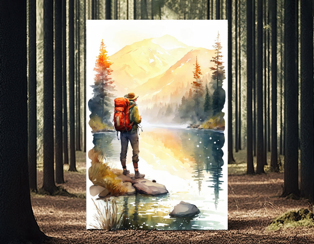 Hiking Forest Mountain Sunset Wall Art Watercolor Nature Inspired Backpacking Adventure Print Outdoorsy Gifts Wanderlust Decor