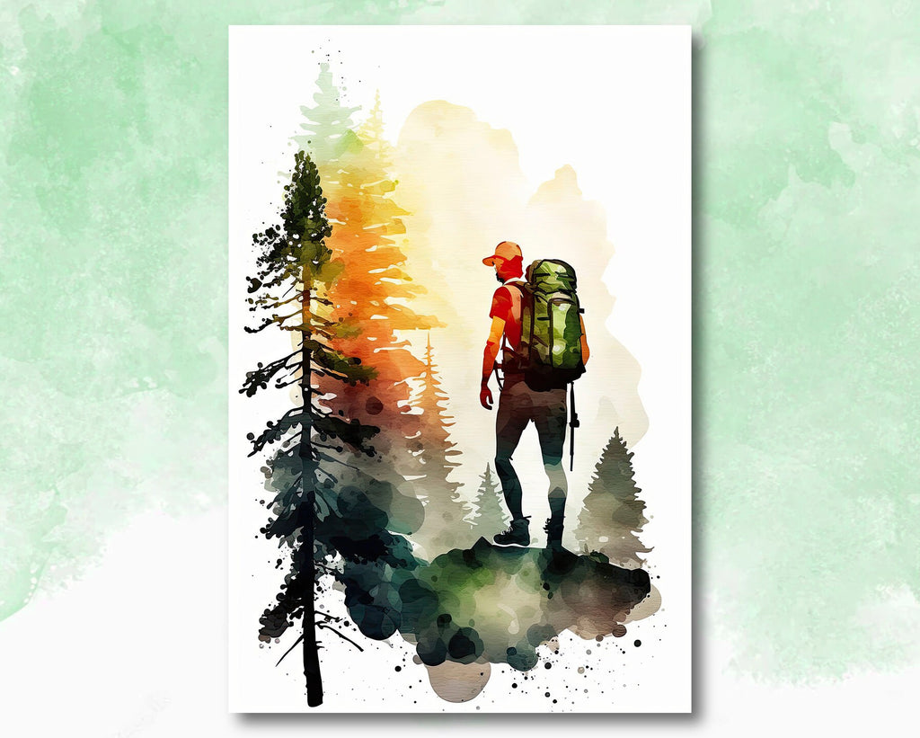 Hiking Mountain Forest Wall Art Watercolor Nature Inspired Backpacking Adventure Print Outdoorsy Gifts Wanderlust Decor