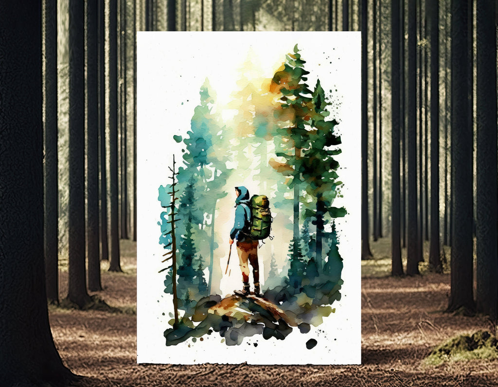 Hiking Mountain Forest Wall Art Watercolor Nature Inspired Backpacking Adventure Print Outdoorsy Gifts Wanderlust Decor