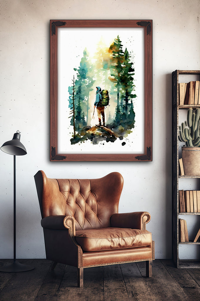 Hiking Mountain Forest Wall Art Watercolor Nature Inspired Backpacking Adventure Print Outdoorsy Gifts Wanderlust Decor