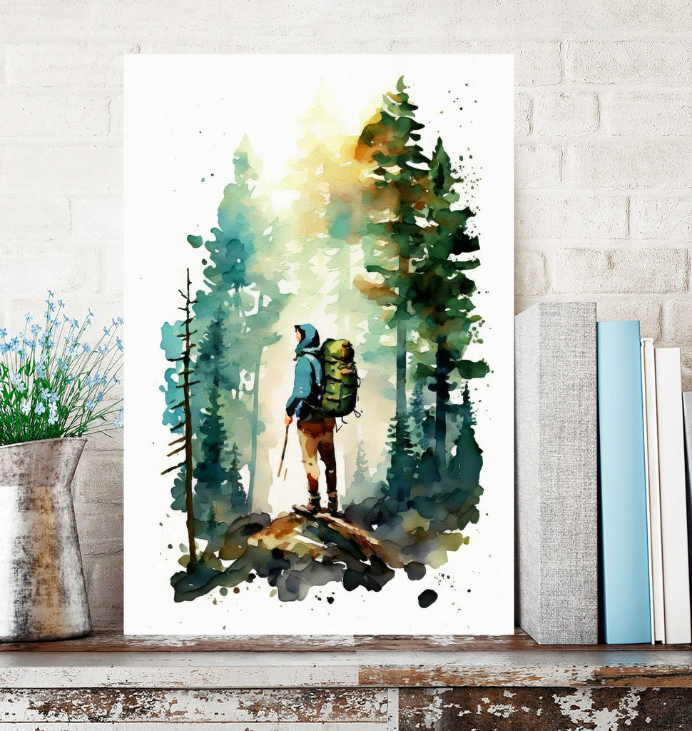 Hiking Mountain Forest Wall Art Watercolor Nature Inspired Backpacking Adventure Print Outdoorsy Gifts Wanderlust Decor