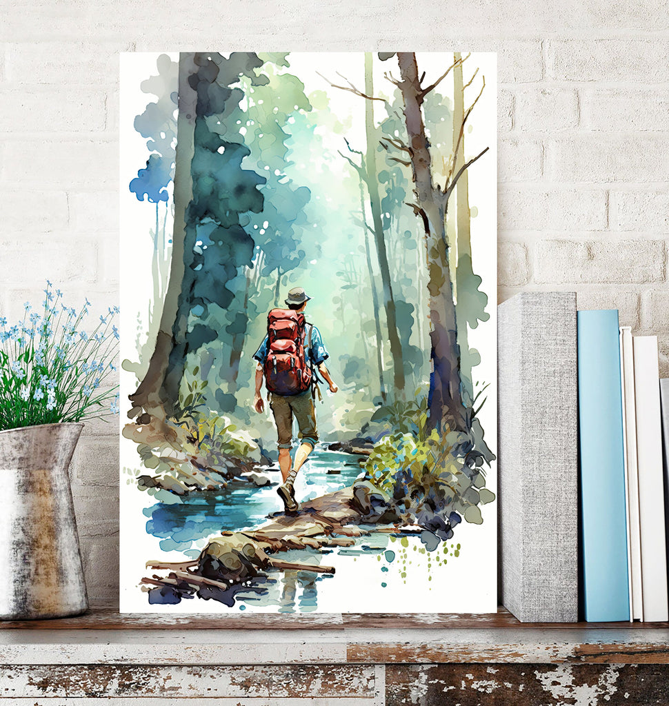 Hiking Mountain Forest Wall Art Watercolor Nature Inspired Backpacking Adventure Print Outdoorsy Gifts Wanderlust Decor