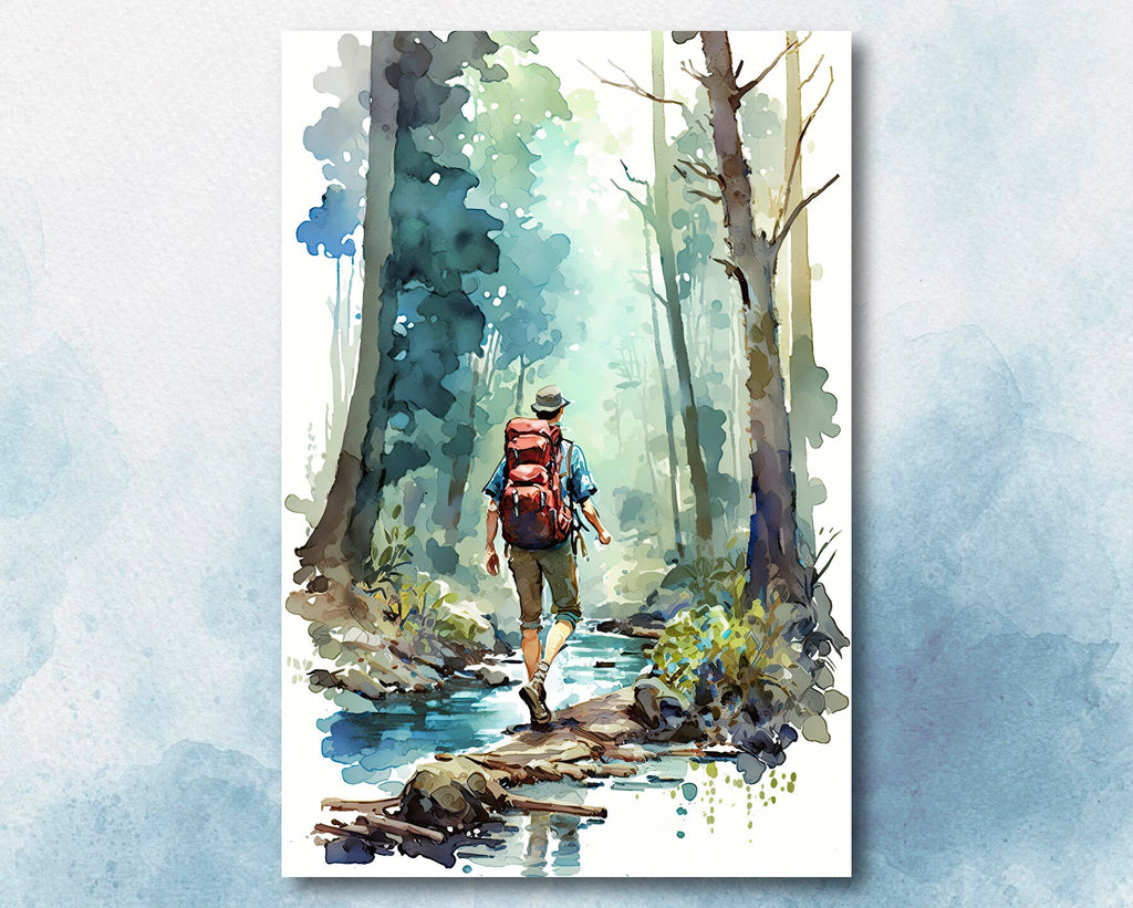 Hiking Mountain Forest Wall Art Watercolor Nature Inspired Backpacking Adventure Print Outdoorsy Gifts Wanderlust Decor