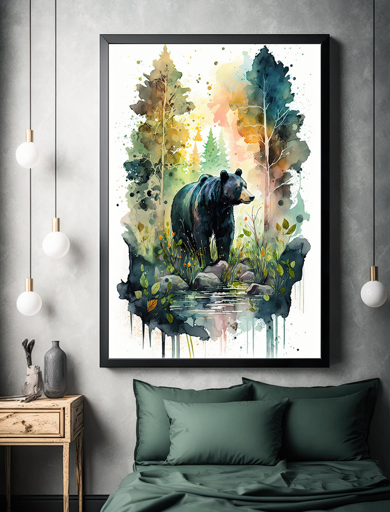 Black Bear Painting Artwork Watercolor Print Animal Portrait Nature Inspired Forest Wall Art Gift Woodland Nursery Decor