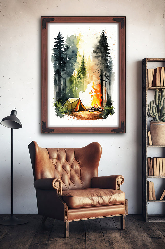 Camping Tent and Campfire Forest Wall Art Print Camper Decor Nature Inspired Watercolor Adventure Print Outdoorsy Gifts National Park Decor