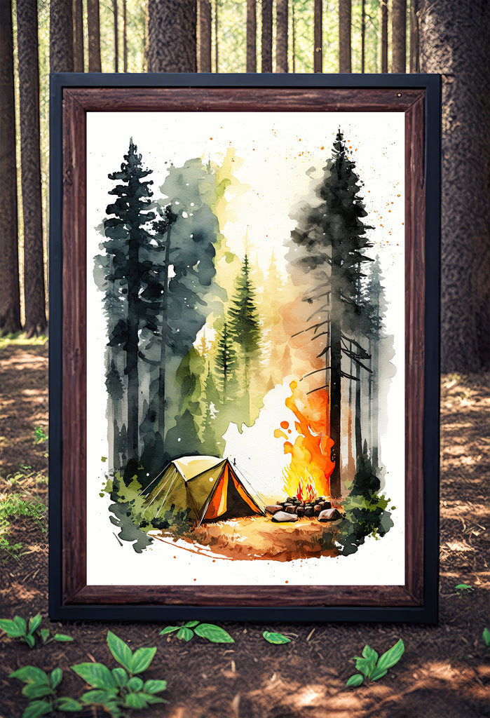 Camping Tent and Campfire Forest Wall Art Print Camper Decor Nature Inspired Watercolor Adventure Print Outdoorsy Gifts National Park Decor