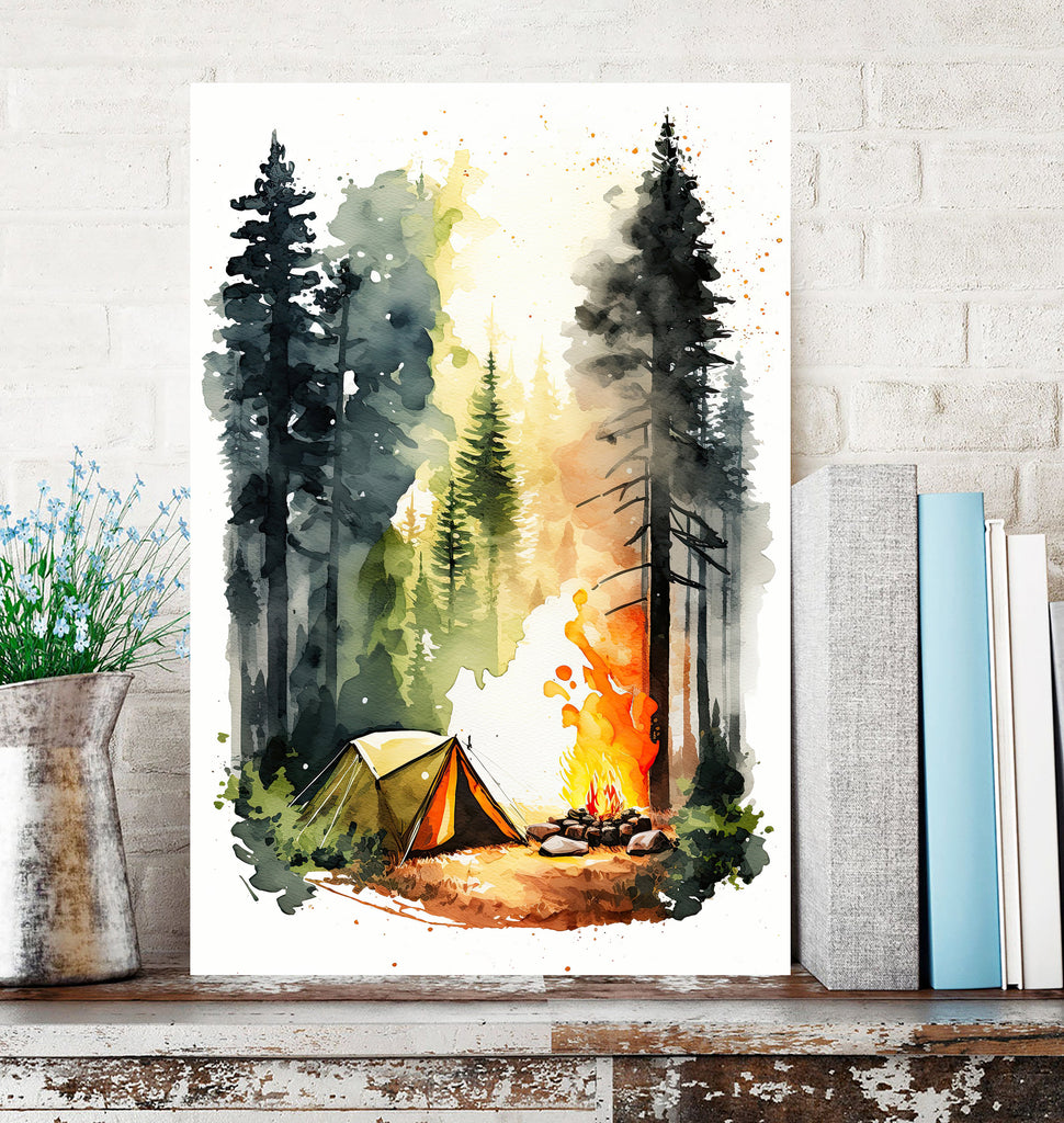 Camping Tent and Campfire Forest Wall Art Print Camper Decor Nature Inspired Watercolor Adventure Print Outdoorsy Gifts National Park Decor