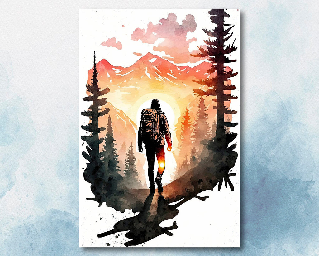 Hiking Forest Mountain Sunset Wall Art Watercolor Nature Inspired Backpacking Adventure Print Outdoorsy Gifts Wanderlust Decor