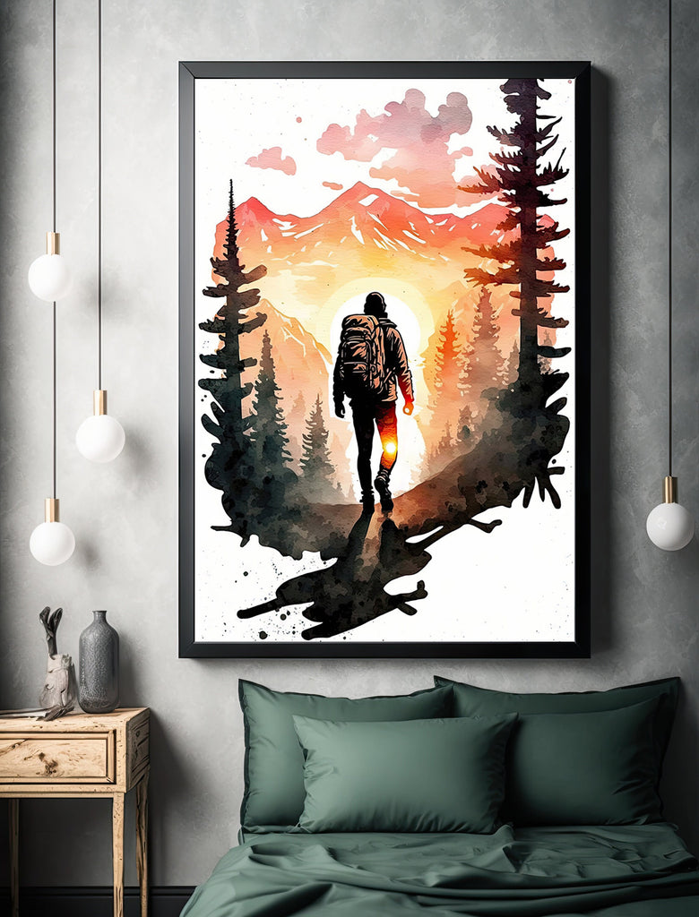 Hiking Forest Mountain Sunset Wall Art Watercolor Nature Inspired Backpacking Adventure Print Outdoorsy Gifts Wanderlust Decor