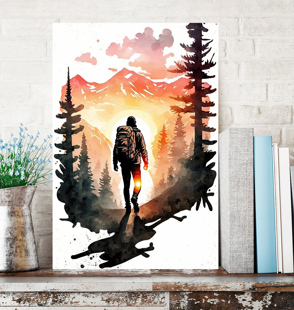 Hiking Forest Mountain Sunset Wall Art Watercolor Nature Inspired Backpacking Adventure Print Outdoorsy Gifts Wanderlust Decor