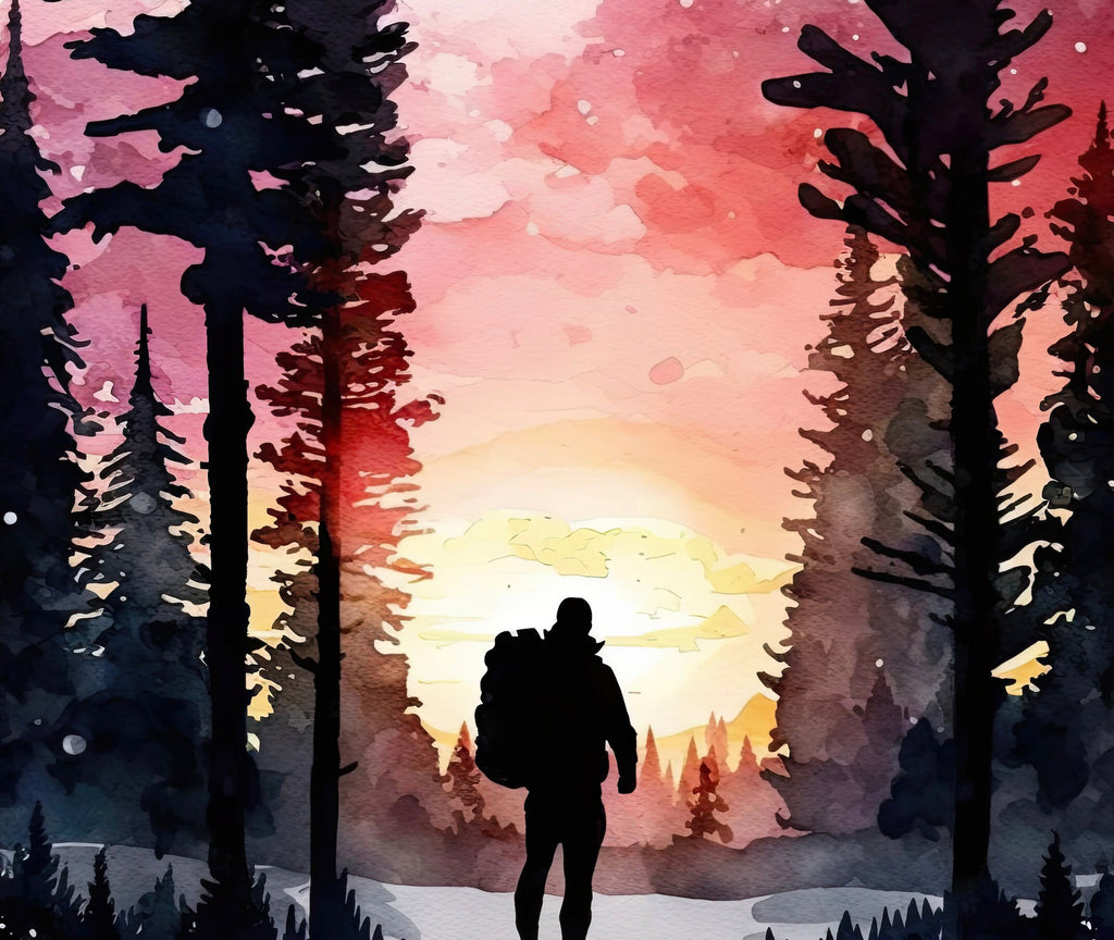 Hiking Forest Mountain Sunset Wall Art Watercolor Nature Inspired Backpacking Adventure Print Outdoorsy Gifts Wanderlust Decor