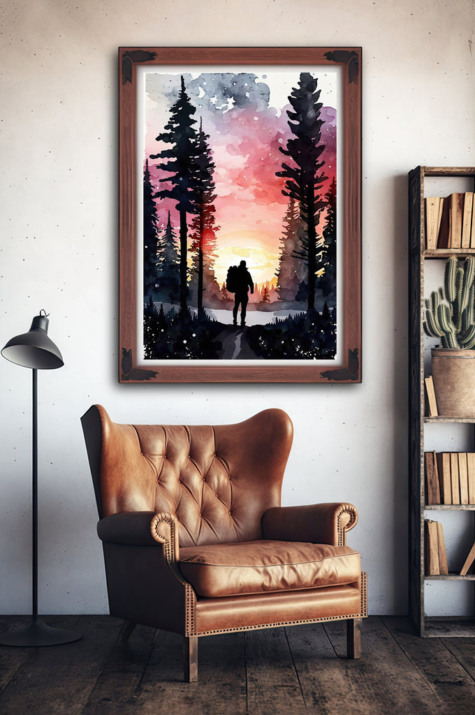 Hiking Forest Mountain Sunset Wall Art Watercolor Nature Inspired Backpacking Adventure Print Outdoorsy Gifts Wanderlust Decor