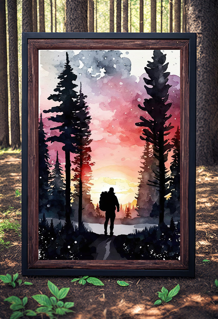 Hiking Forest Mountain Sunset Wall Art Watercolor Nature Inspired Backpacking Adventure Print Outdoorsy Gifts Wanderlust Decor