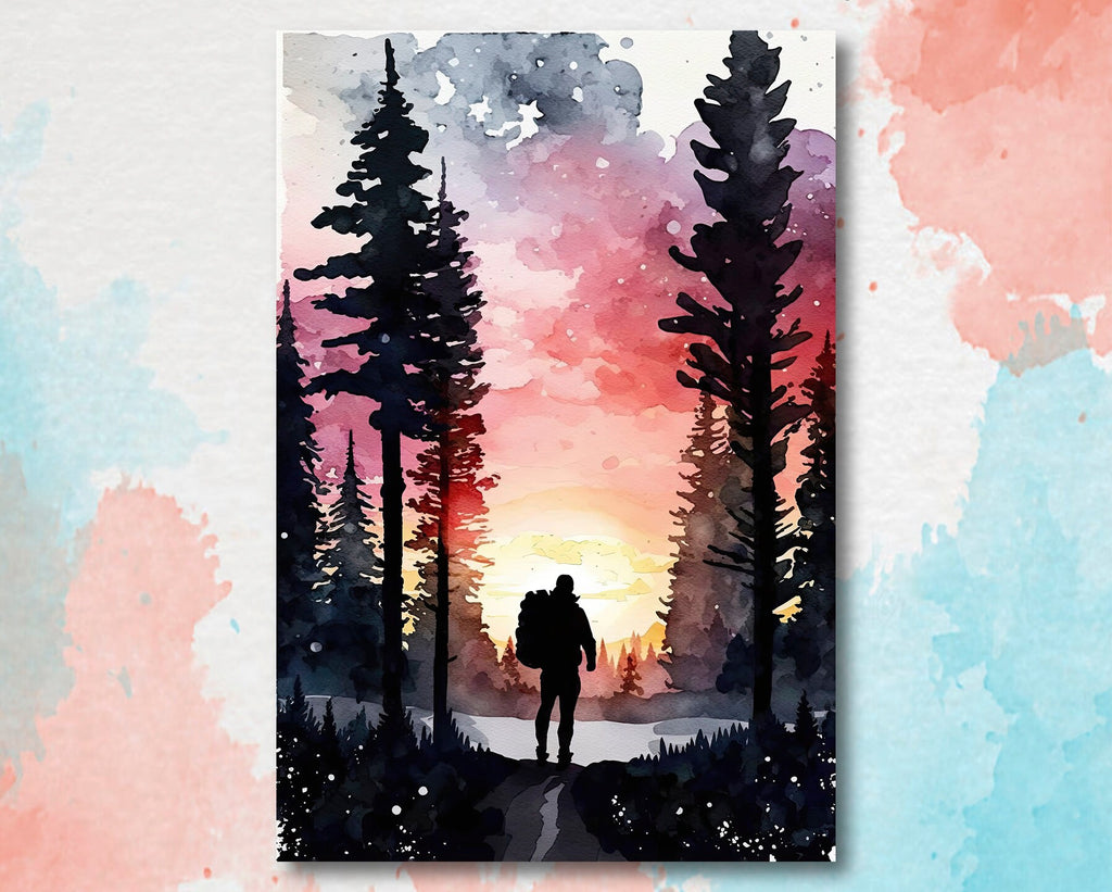 Hiking Forest Mountain Sunset Wall Art Watercolor Nature Inspired Backpacking Adventure Print Outdoorsy Gifts Wanderlust Decor